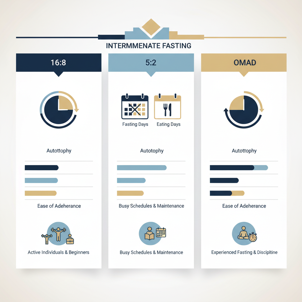 16:8 vs 5:2 vs OMAD Comparison: Which Intermittent Fasting Method is Best for You? - Infographic illustration