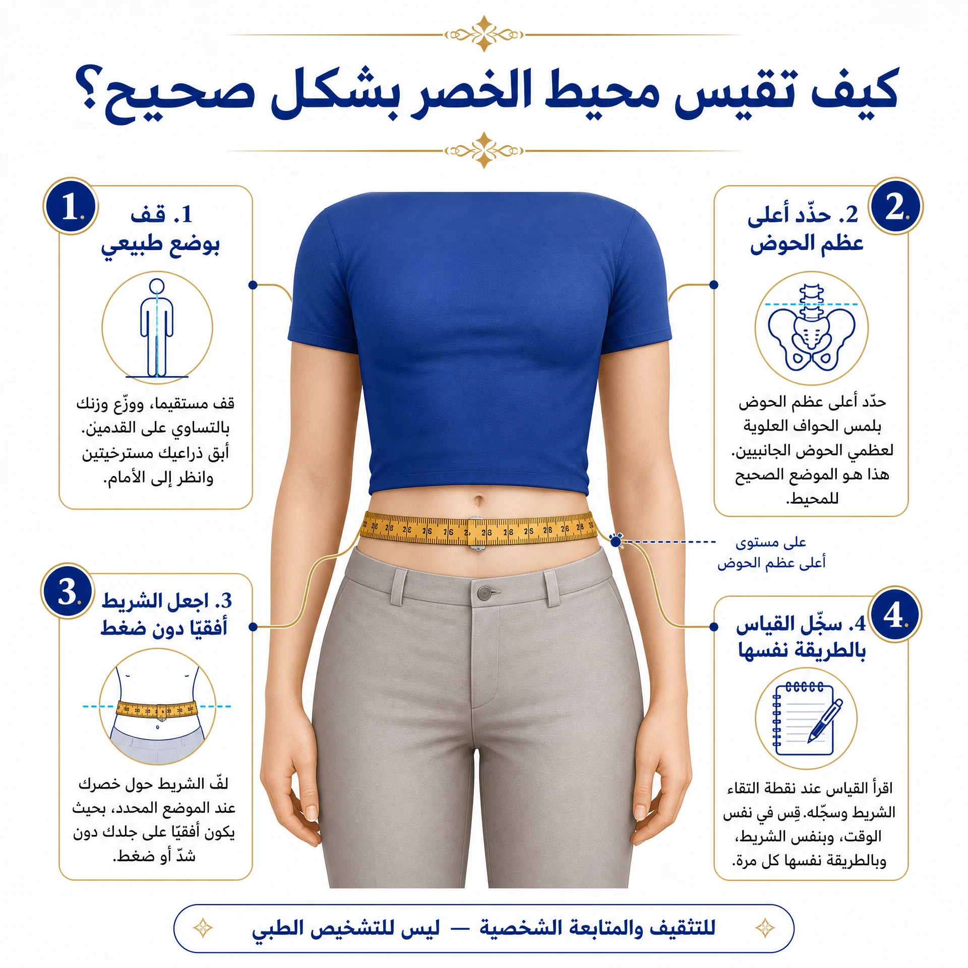إنفوجرافيك يوضح طريقة قياس محيط الخصر بشكل صحيح باستخدام شريط أفقي فوق عظم الحوض