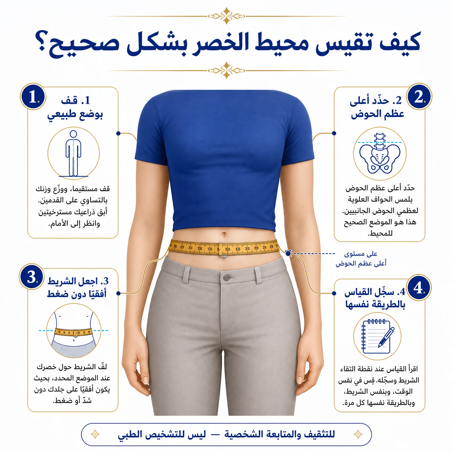 إنفوجرافيك يوضح طريقة قياس محيط الخصر بشكل صحيح باستخدام شريط أفقي فوق عظم الحوض